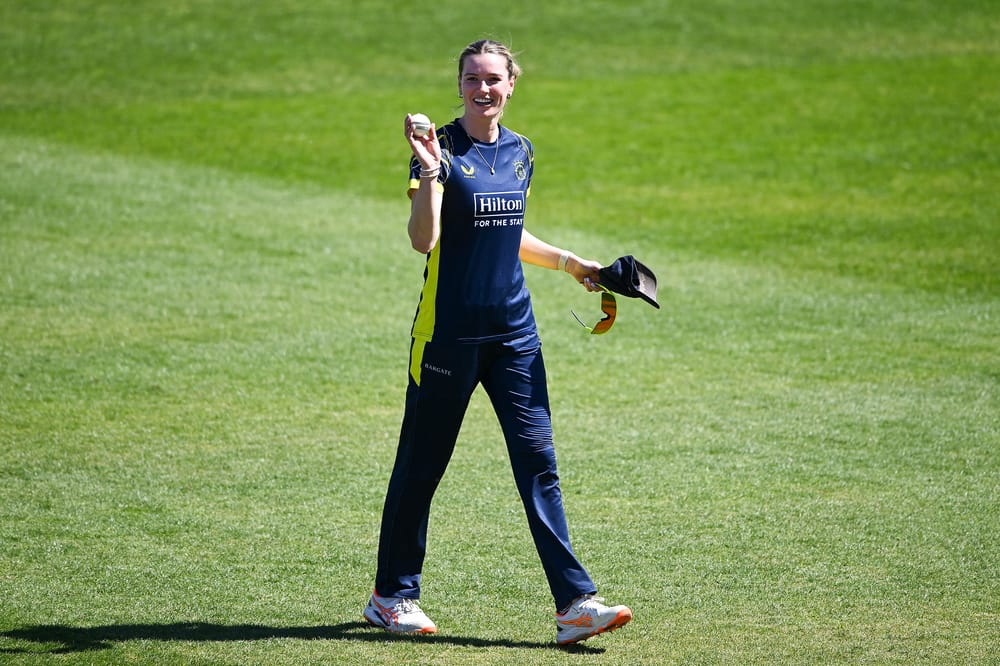 Hampshire's Lauren Bell celebrates after she takes five wickets against Durham