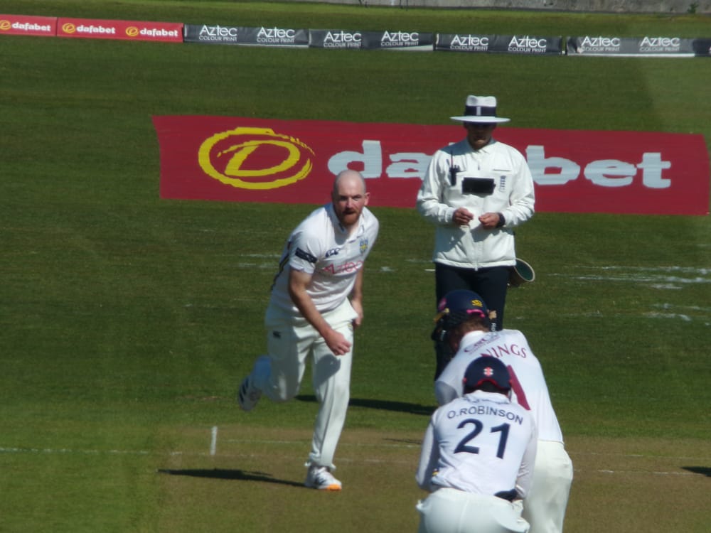 Ben Raine bowling to Keaton Jennings for Durham against Lancashire
