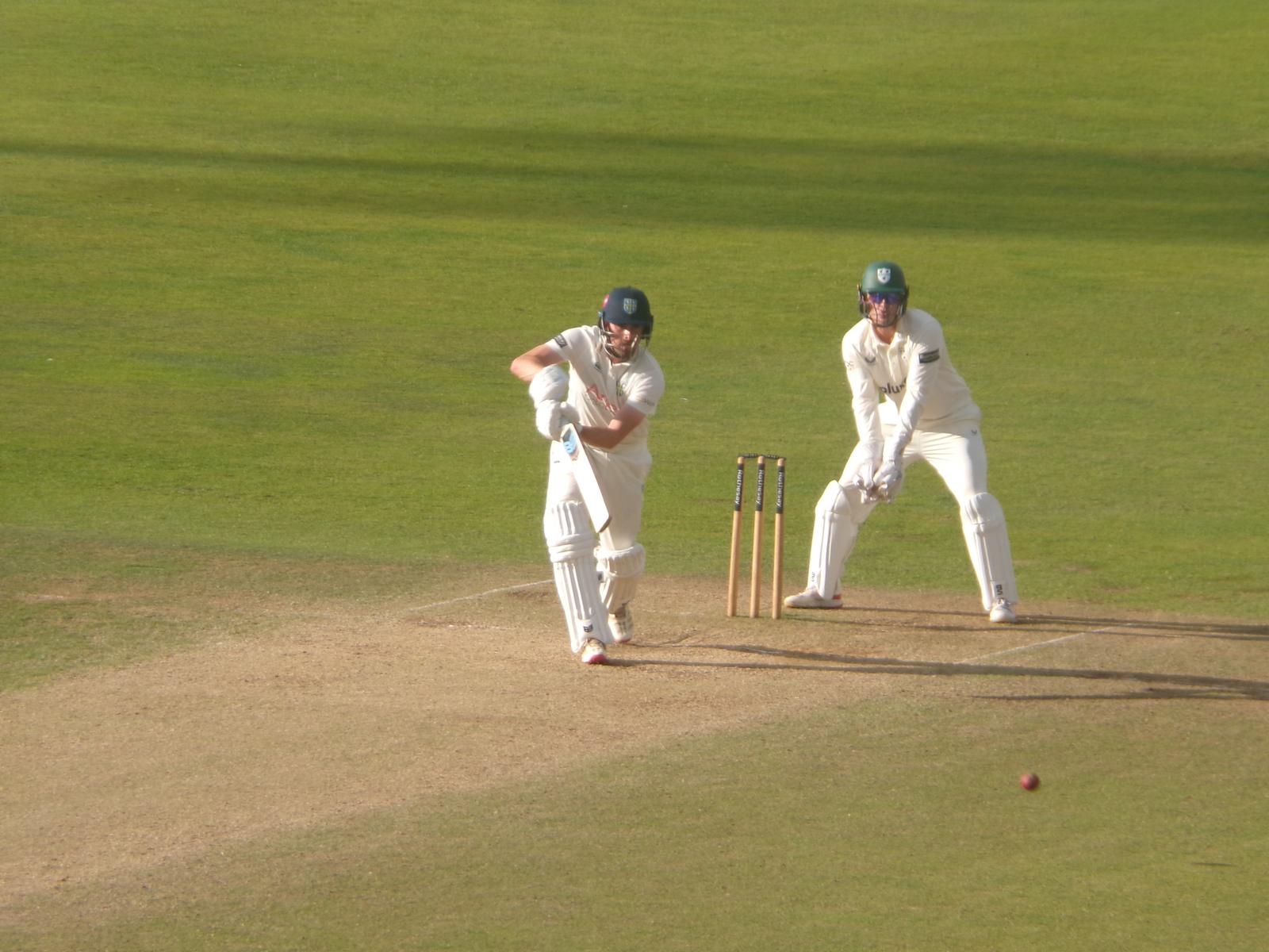 Will Rhodes facing a delivery during Durham's County Championship clash with Worcestershire.