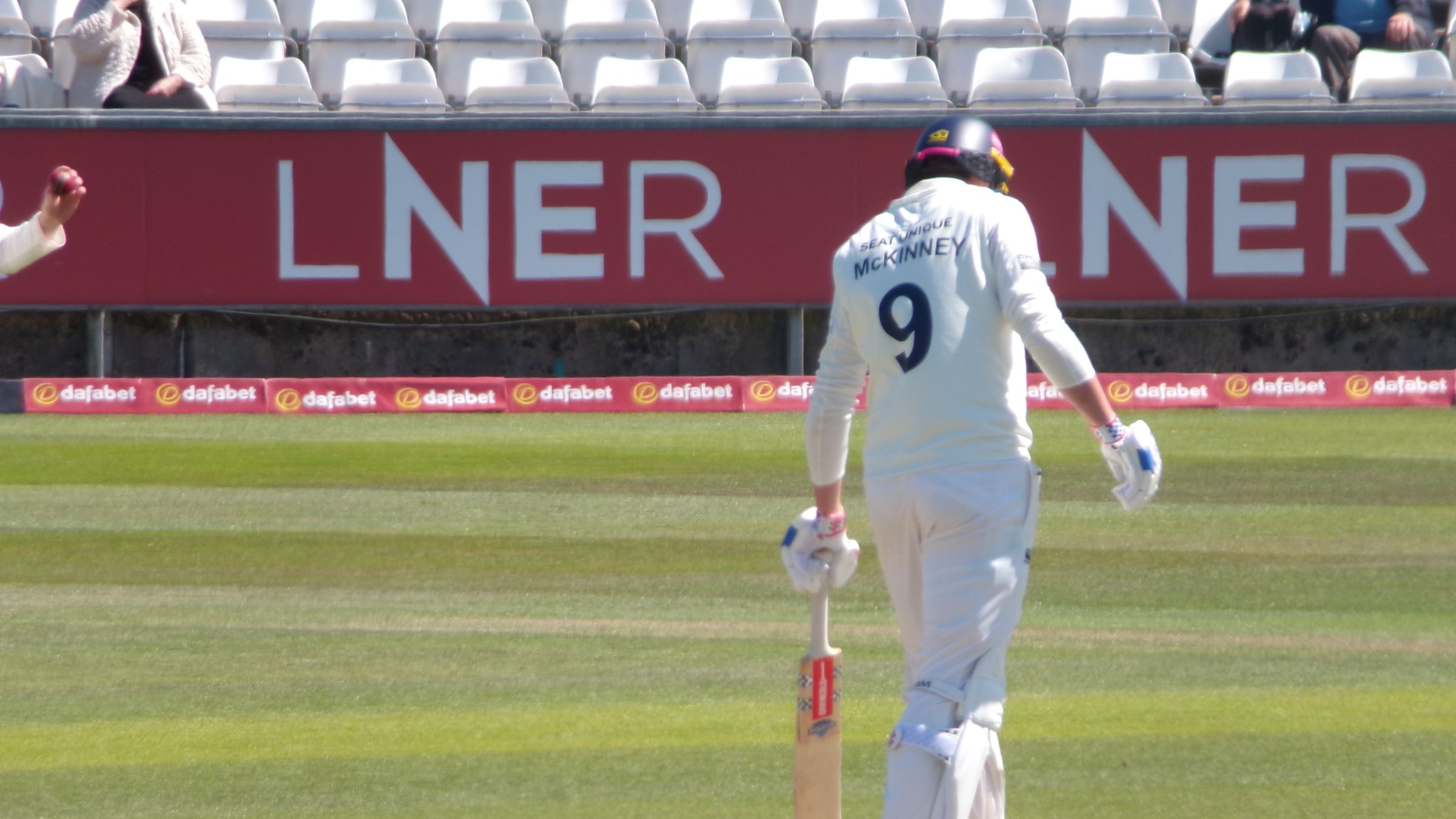 Ben McKinney taking his guard ahead of facing a delivery in a County Championship fixture at Banks Homes Riverside