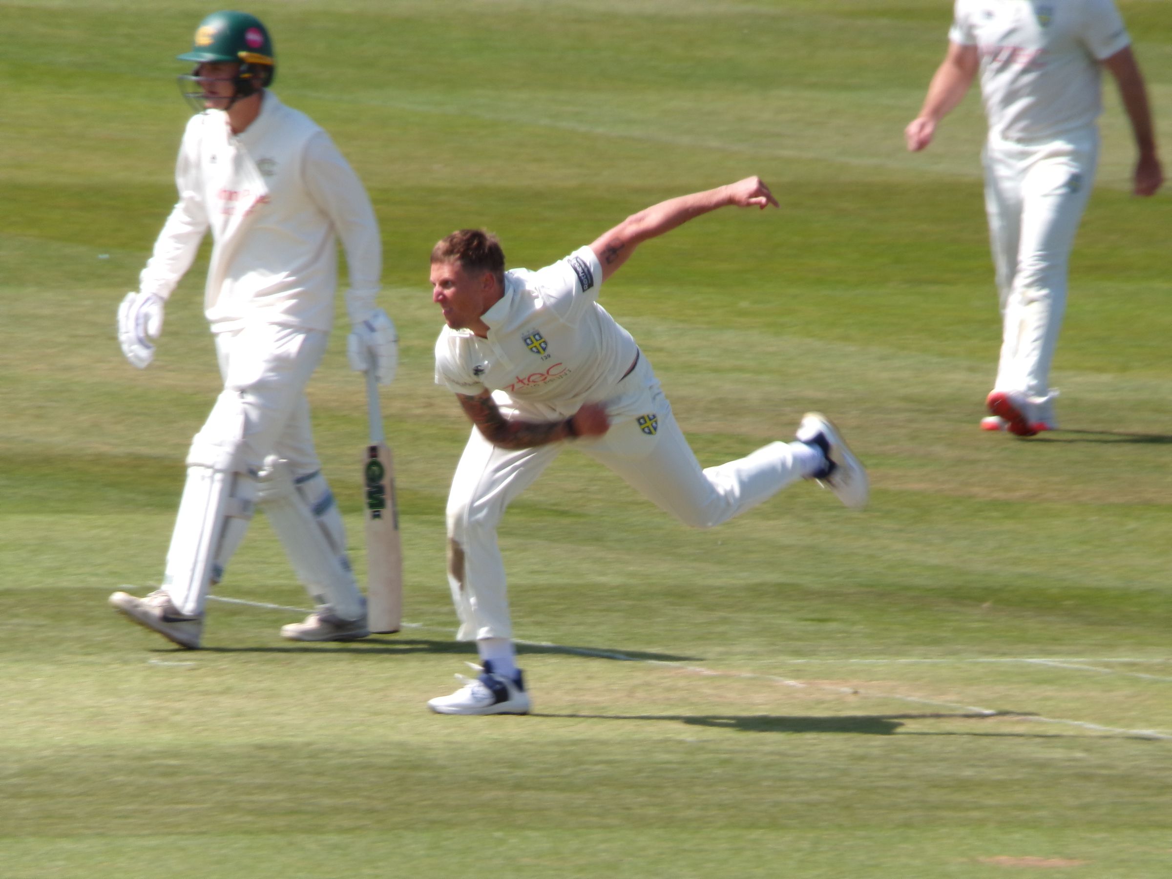 Brydon Carse bowling for Durham during the County Championship this season.