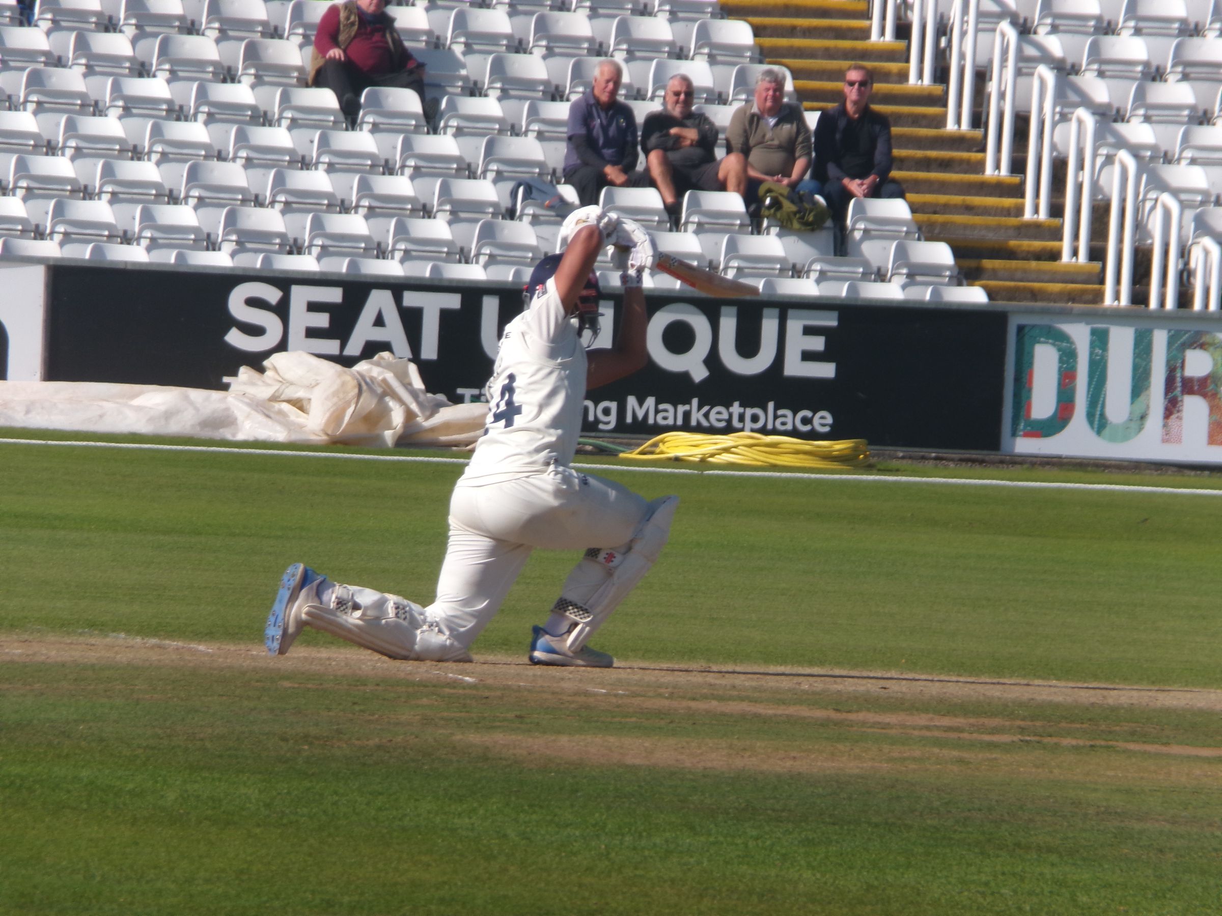 Emilio Gay playing a cover drive for Durham against Worcestershire in the County Championship on his way to getting a season-best of 161.